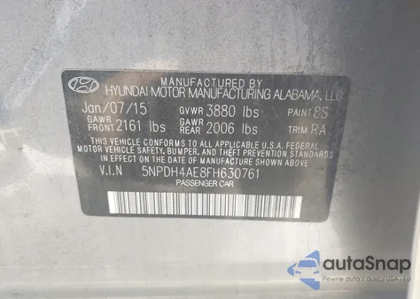 2015 Hyundai Elantra Se z USA, uszkodzony, nr VIN 5NPDH4AE8FH630761